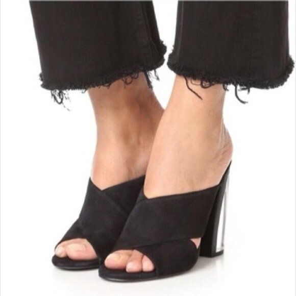 Revolve Kendall & Kylie Karmen Mules heels CrissCross Lucite Acrylic Clear Suede - Picture 1 of 16